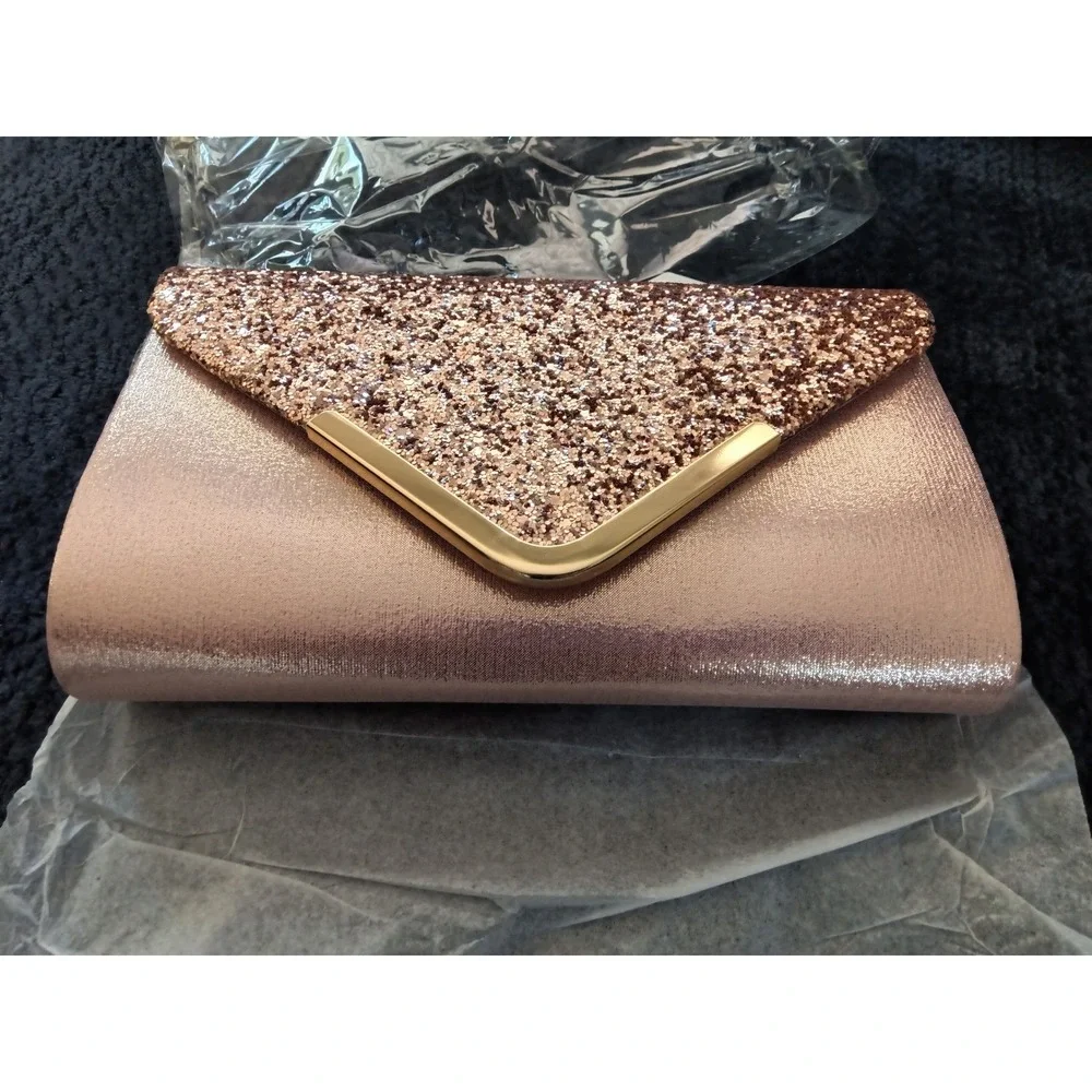 Champagne‎ Pink Glitter Envelope Clutch Bag Gold V Trim Formal Evening Purse NEW